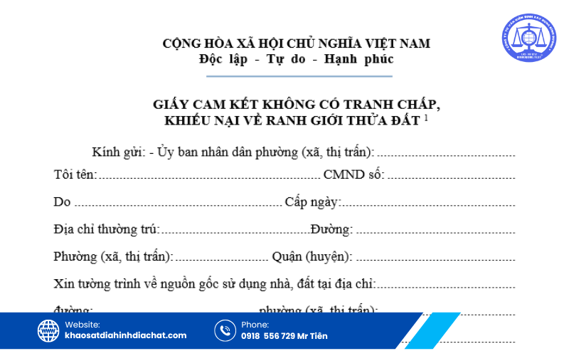 Giấy cam kết thỏa thuận không tranh chấp ranh giới